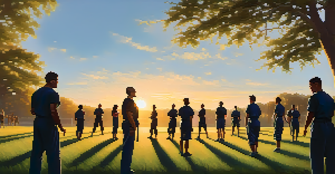 A diverse group of individuals practicing self-defense techniques outdoors at sunset, with warm golden light and lush trees in the background.