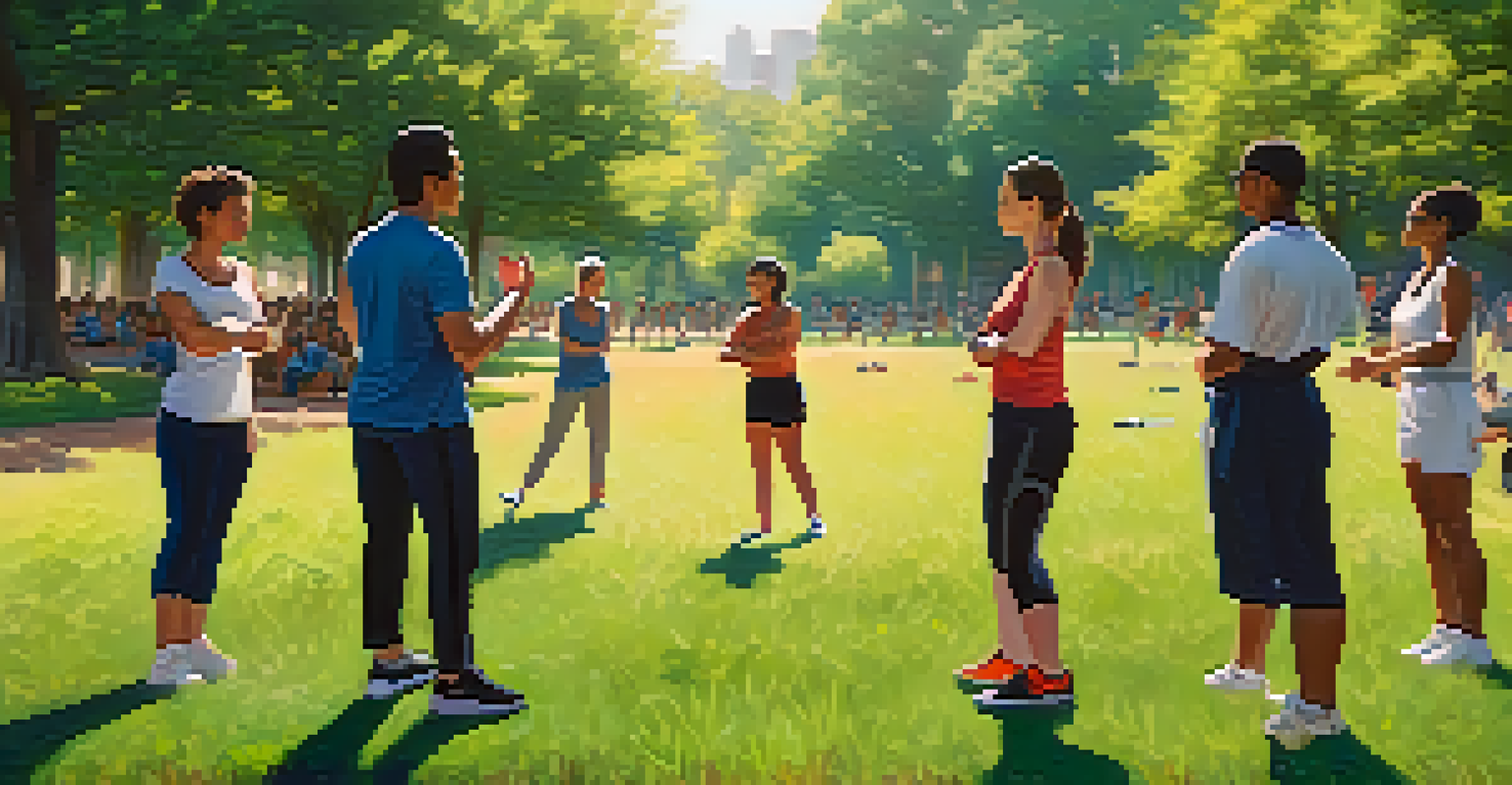 An outdoor self-defense workshop in a park with a female instructor demonstrating techniques to a mixed-gender group.