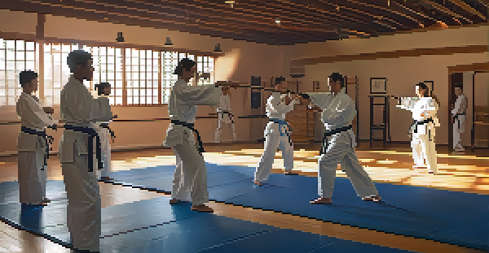 A diverse group of students engaged in self-defense training in a dojo, with instructors demonstrating techniques.