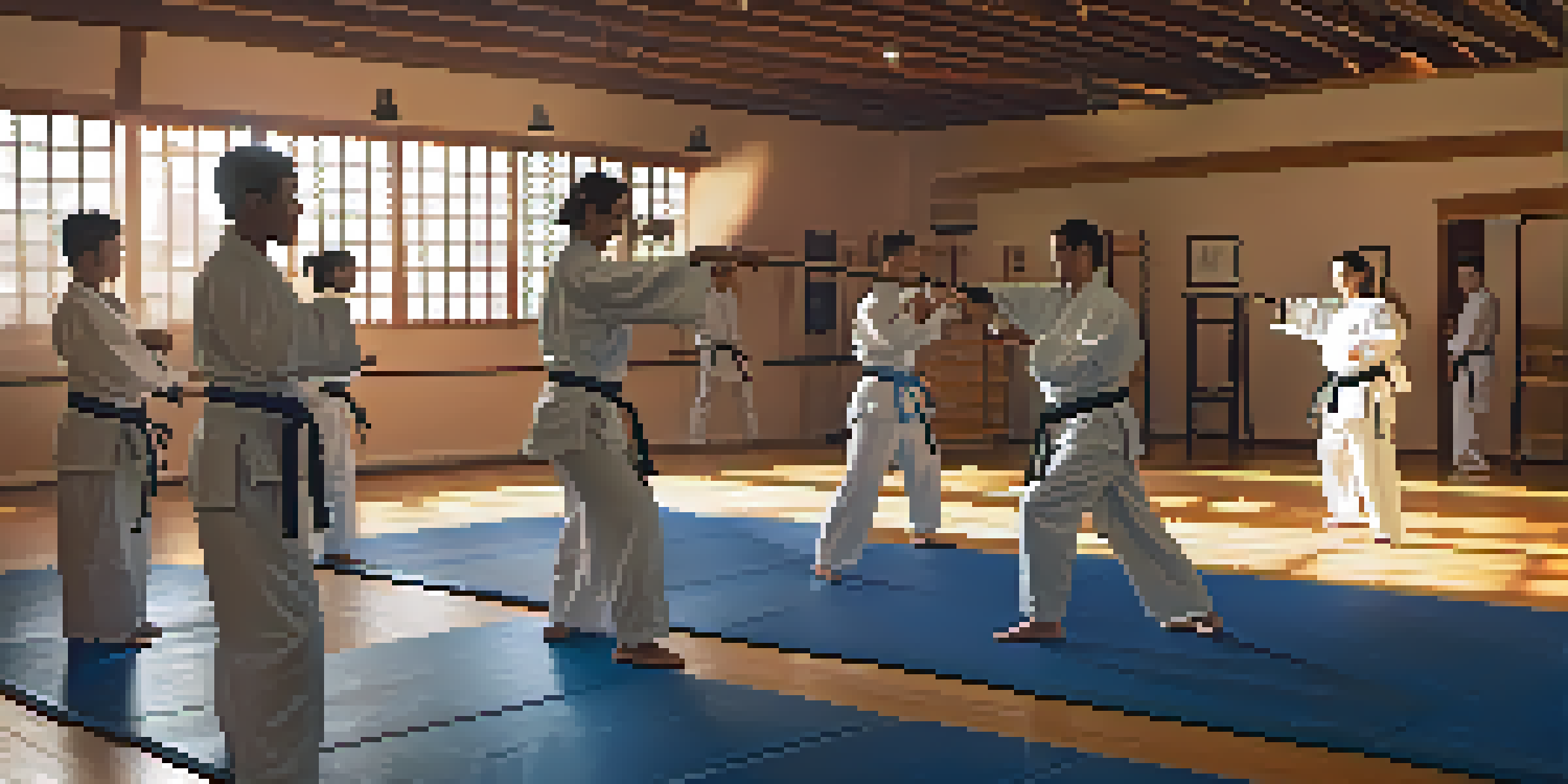 A diverse group of students engaged in self-defense training in a dojo, with instructors demonstrating techniques.
