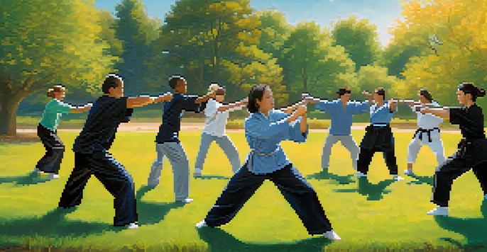 A diverse group of people practicing self-defense techniques outdoors in a sunny park, with an instructor demonstrating a move.