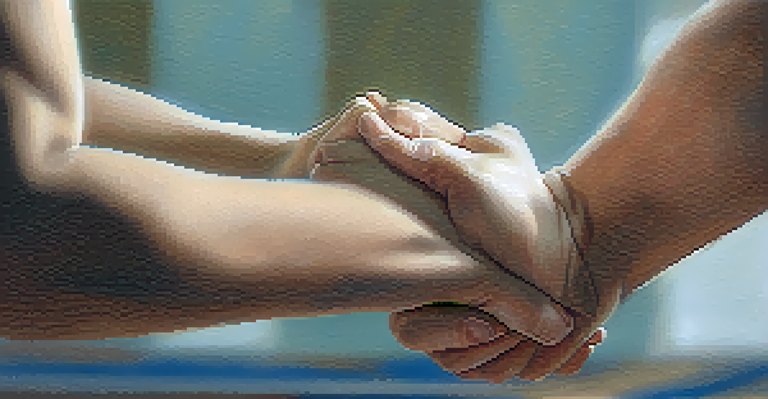 Close-up of two hands during self-defense training, showing a supportive grip and focus on learning.