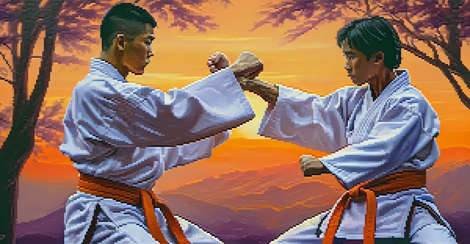 Two martial artists sparring outdoors during sunset, displaying intense focus.
