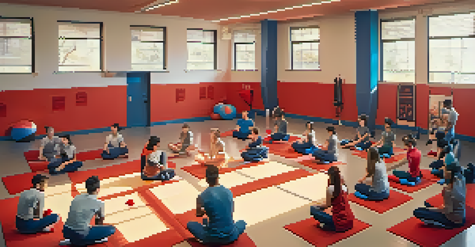 A self-defense class in action, with students practicing techniques under the guidance of a trainer in a brightly lit room.