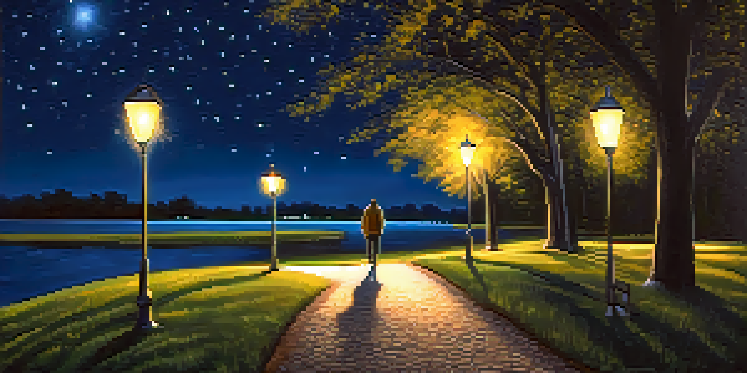 A person walking down a well-lit park path at night, surrounded by trees and a starry sky.