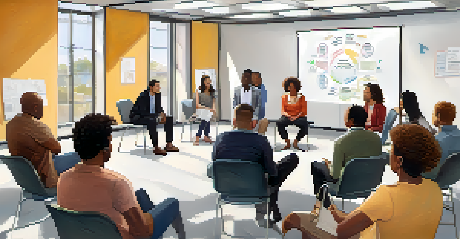 A diverse group of participants listening attentively in a conflict resolution workshop, with expressions of engagement and a whiteboard in the background.