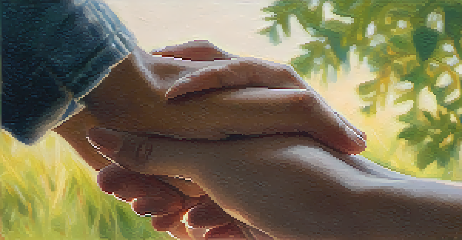 Close-up of two hands clasped together, symbolizing empathy and support, with a blurred outdoor background.