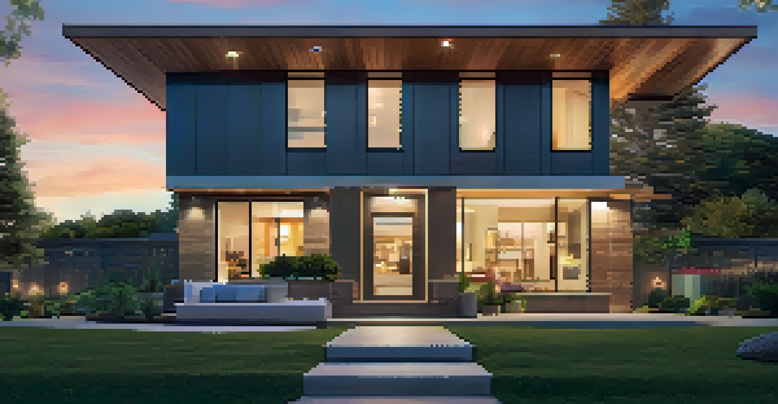 An exterior view of a contemporary home at dusk with smart lights, a smart lock on the door, and a security camera, against a vibrant sunset sky.