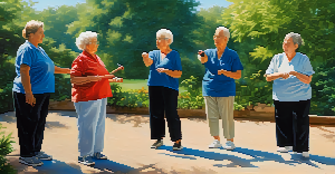 A diverse group of elderly individuals practicing self-defense techniques in a sunny outdoor setting surrounded by greenery.