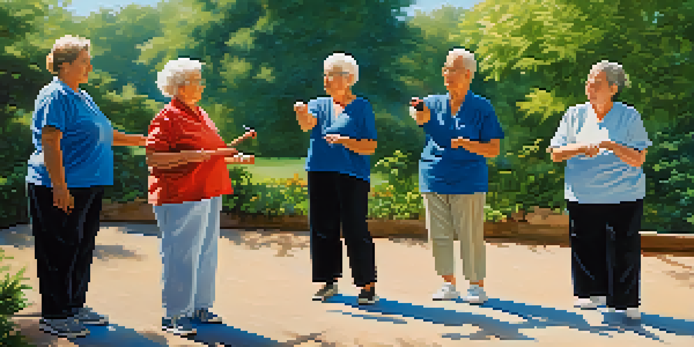 A diverse group of elderly individuals practicing self-defense techniques in a sunny outdoor setting surrounded by greenery.