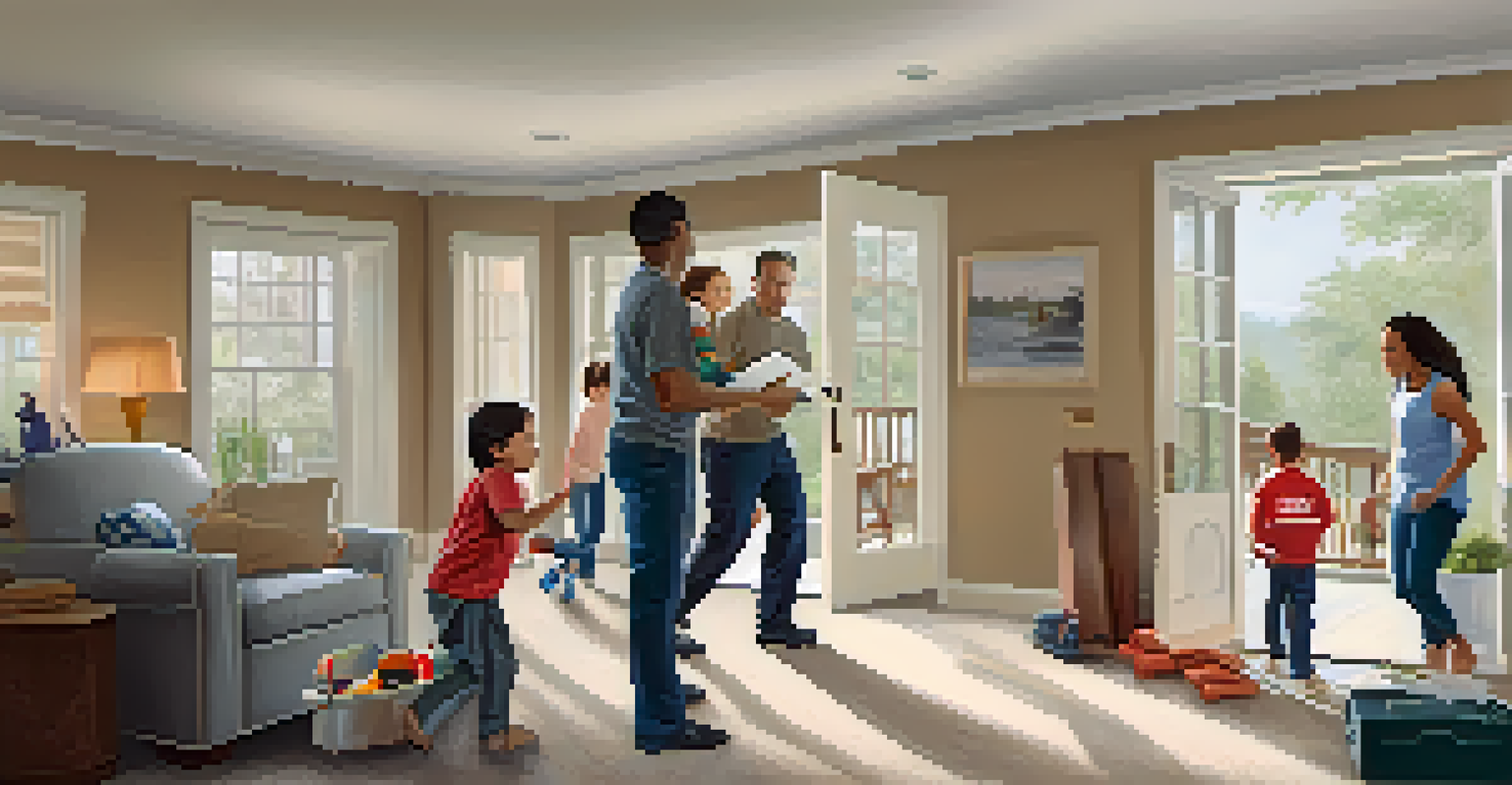 A family practicing an emergency drill in their living room, showcasing preparedness.