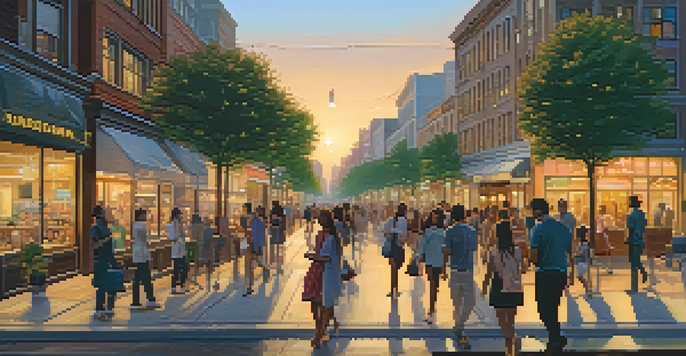 A busy city street at dusk with people using smartphones, illuminated by warm lights and a sunset in the background.