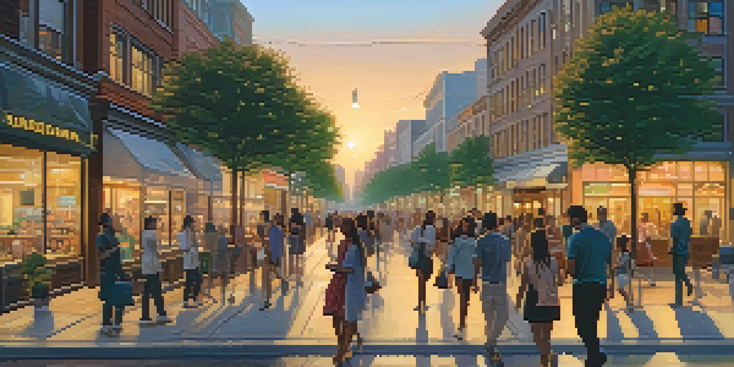 A busy city street at dusk with people using smartphones, illuminated by warm lights and a sunset in the background.