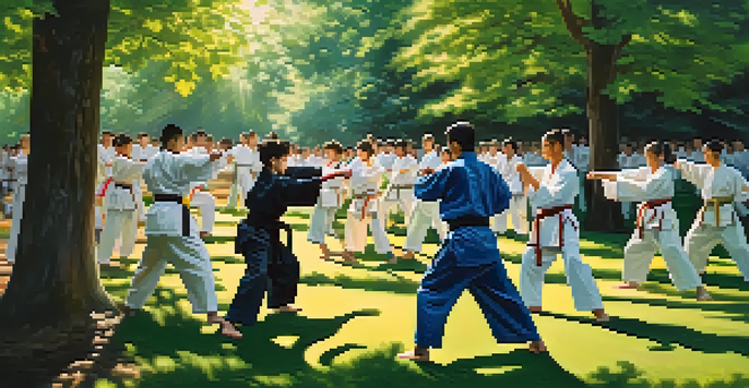 A diverse group of martial arts practitioners of various ages practicing self-defense techniques in a sunny park.