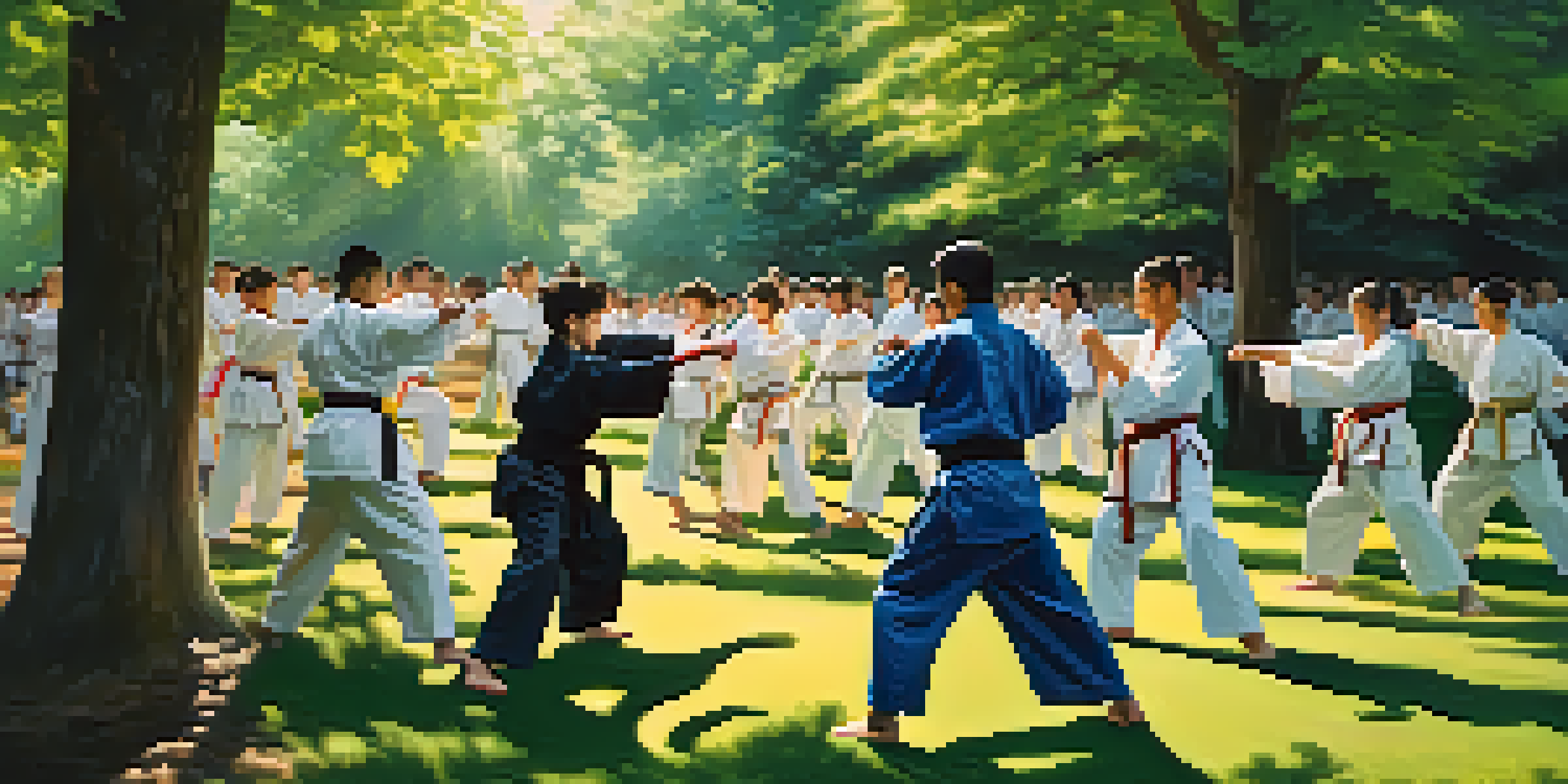 A diverse group of martial arts practitioners of various ages practicing self-defense techniques in a sunny park.