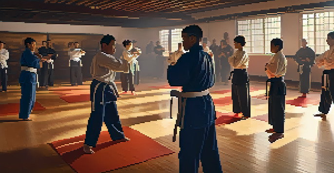 A diverse group of people practicing self-defense in a dojo, showing focus and teamwork.