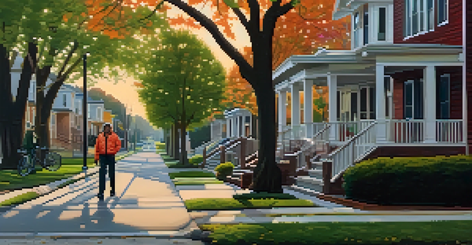 A person walking in a well-lit neighborhood during the evening, wearing bright clothing, with houses and trees in the background.