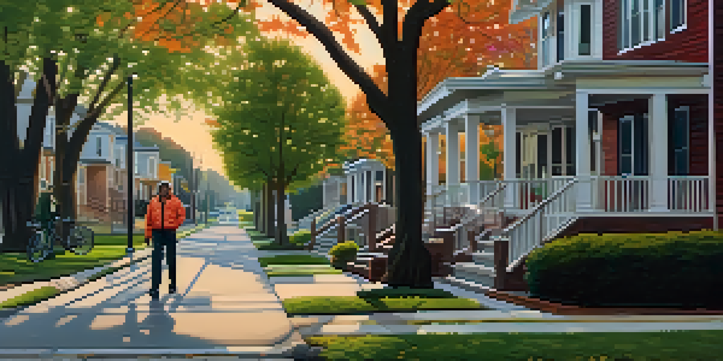 A person walking in a well-lit neighborhood during the evening, wearing bright clothing, with houses and trees in the background.