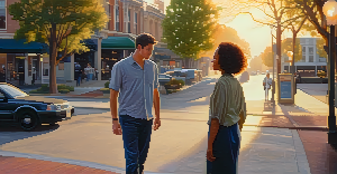 A calm interaction between two individuals on a street, one showing open body language and a smile, amidst a warm sunset ambiance.