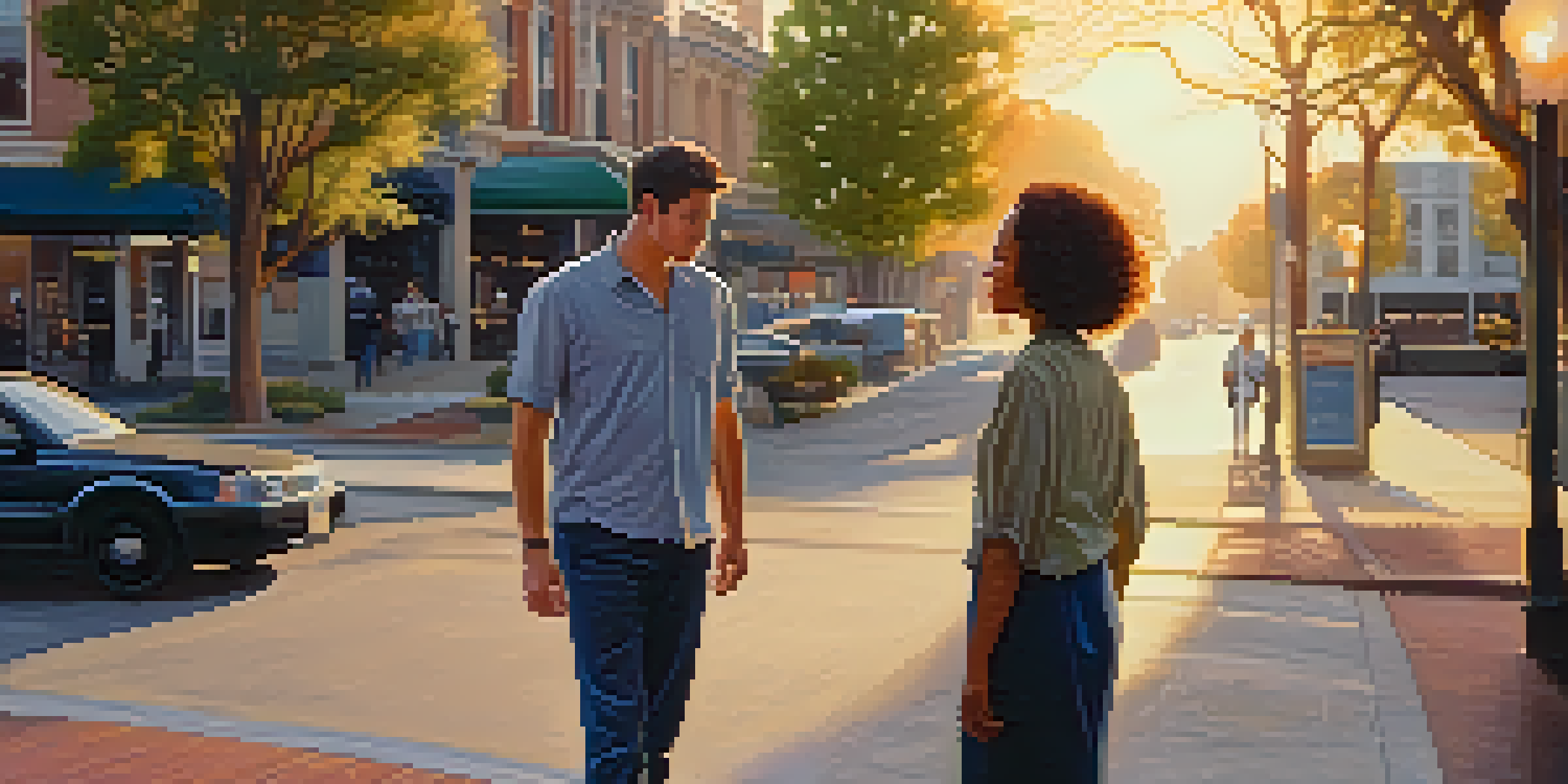 A calm interaction between two individuals on a street, one showing open body language and a smile, amidst a warm sunset ambiance.