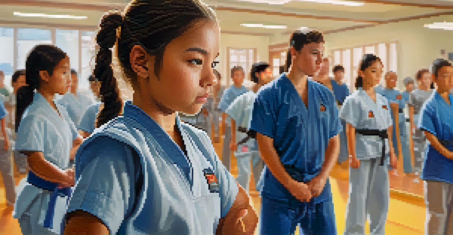 A young girl practicing self-defense techniques in a supportive class with peers and an instructor.