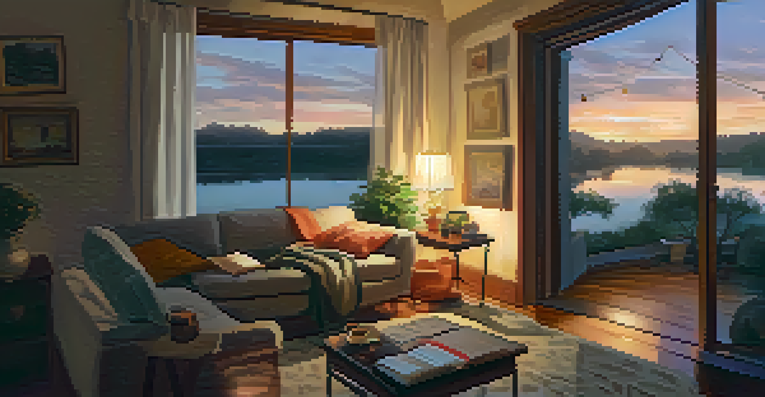 A person journaling in a cozy living room with a plush sofa and a cup of tea, soft lighting, and a sunset visible through the window.