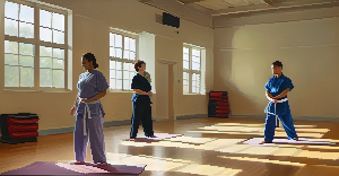 A serene self-defense training session with diverse individuals, softly lit and calm, practicing techniques with supportive instructors.