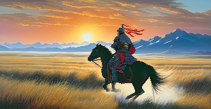 A Mongol warrior on horseback, charging through an open steppe during sunset, with mountains in the background.
