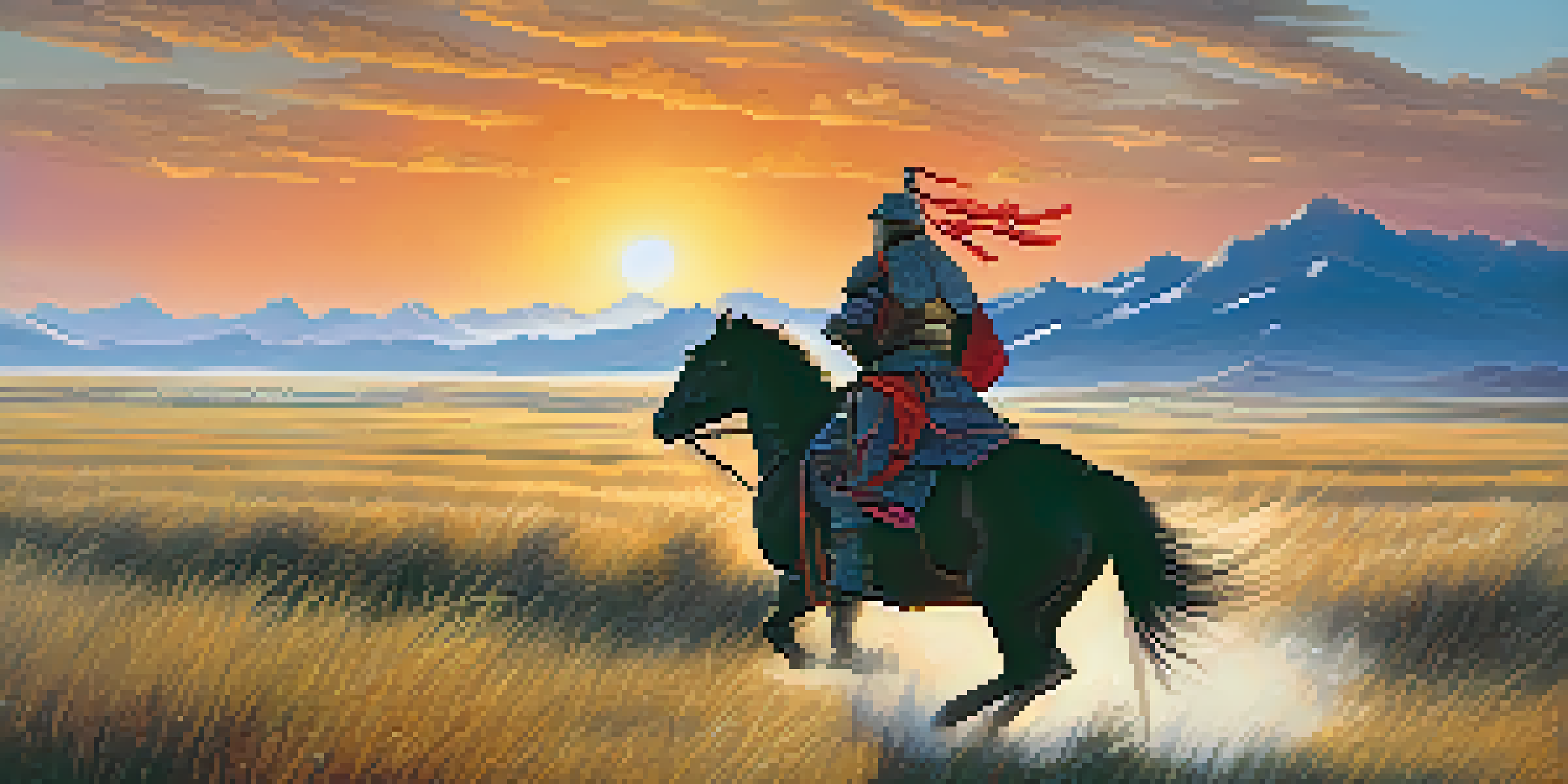 A Mongol warrior on horseback, charging through an open steppe during sunset, with mountains in the background.