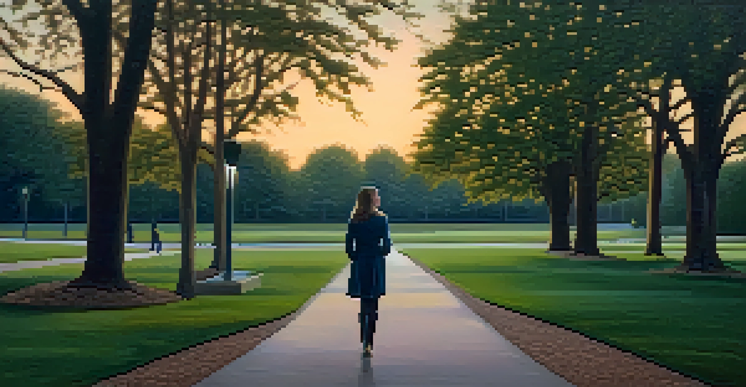 A woman walking confidently through a park at dusk, symbolizing awareness and empowerment.