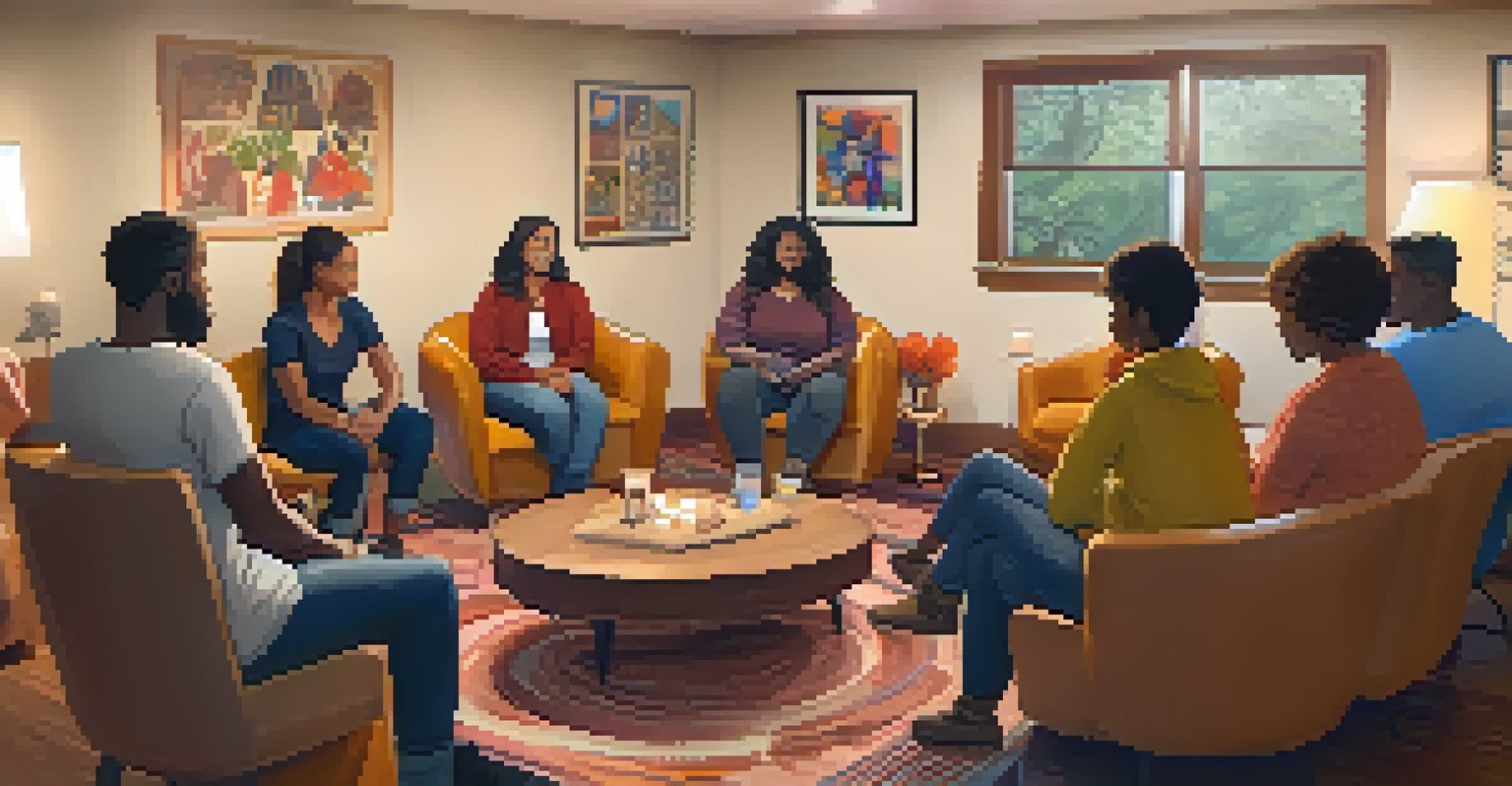 A supportive group circle in a cozy community room, where individuals are sharing their self-defense journey with warm decorations and soft lighting.