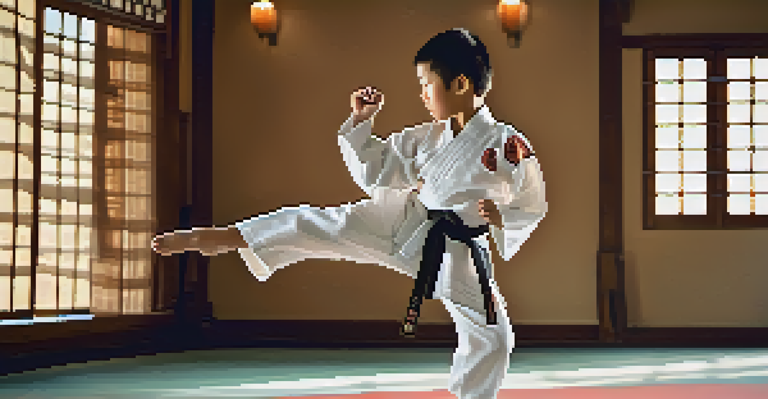 Close-up of a young martial arts student executing a kick with a focused expression in a warm, sunlit environment.