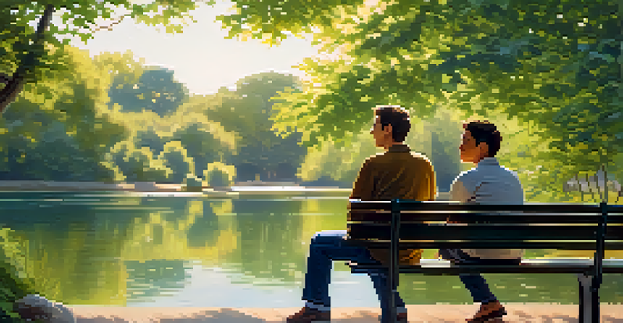 Two people sitting on a park bench in a sunny outdoor setting, engaged in a friendly conversation, reflecting trust and connection.
