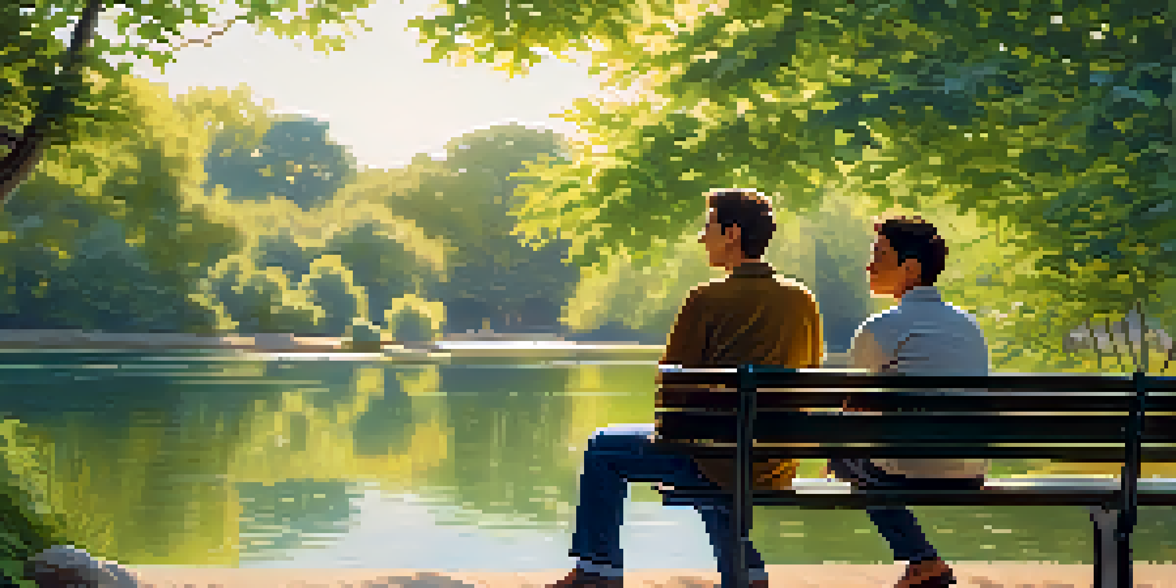 Two people sitting on a park bench in a sunny outdoor setting, engaged in a friendly conversation, reflecting trust and connection.