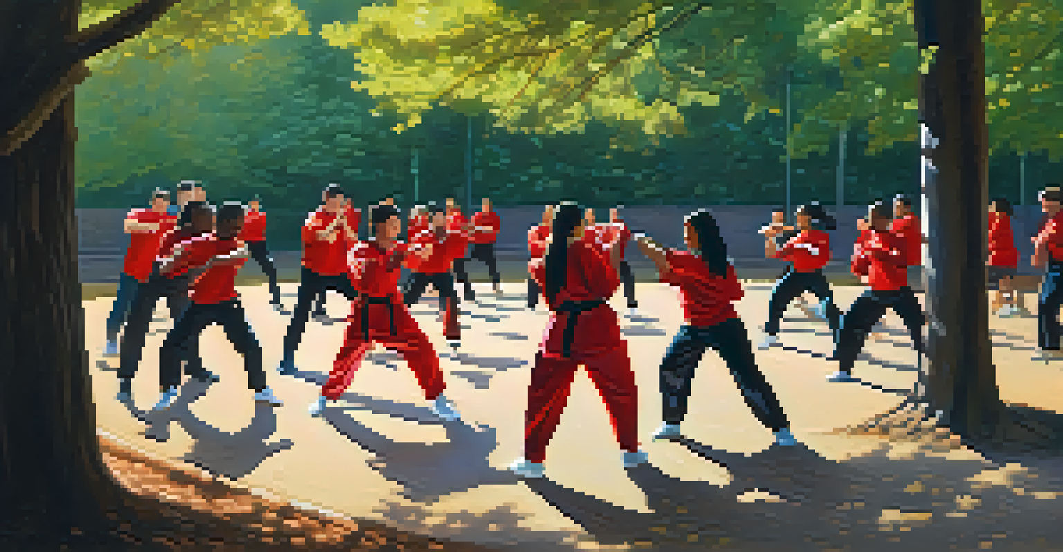 A diverse group practicing self-defense techniques in a sunny park, displaying focused expressions and dynamic movements.