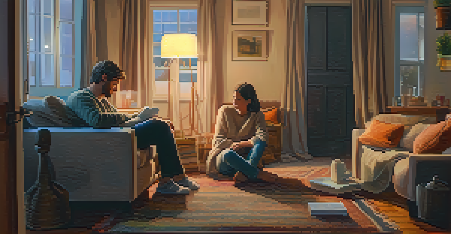 A couple sitting on the living room floor, engaged in a heartfelt discussion, surrounded by cushions and warm lighting, symbolizing trust.