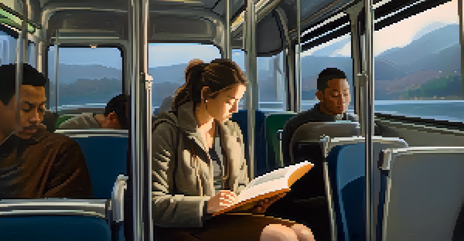 A calm bus interior featuring a passenger wearing headphones and reading a book, illustrating the concept of personal space and tranquility.