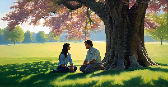 Two individuals having a calm discussion under a large tree, displaying open body language and empathy, with sunlight filtering through the leaves.