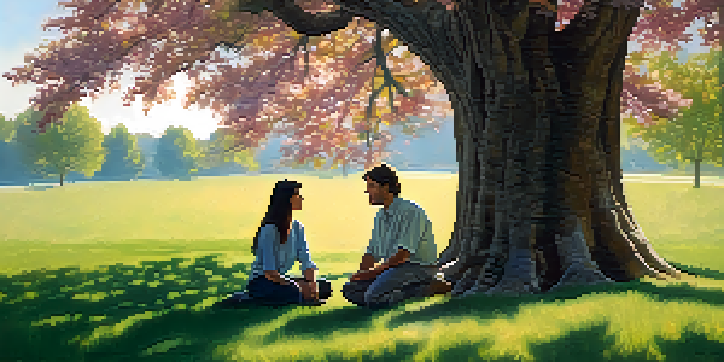 Two individuals having a calm discussion under a large tree, displaying open body language and empathy, with sunlight filtering through the leaves.