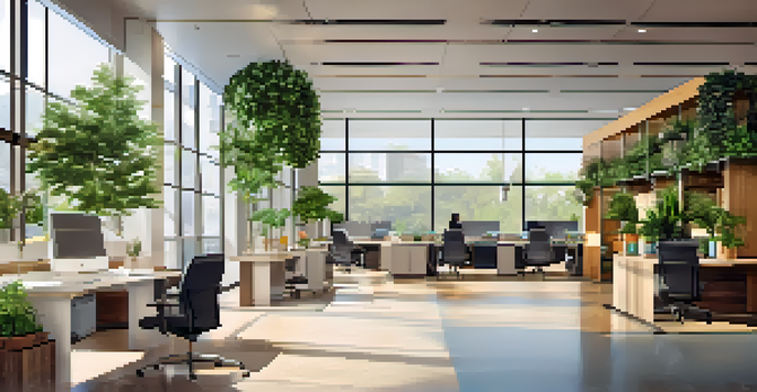 A bright office space with natural lighting, plants, and a security desk, designed for safety and collaboration.