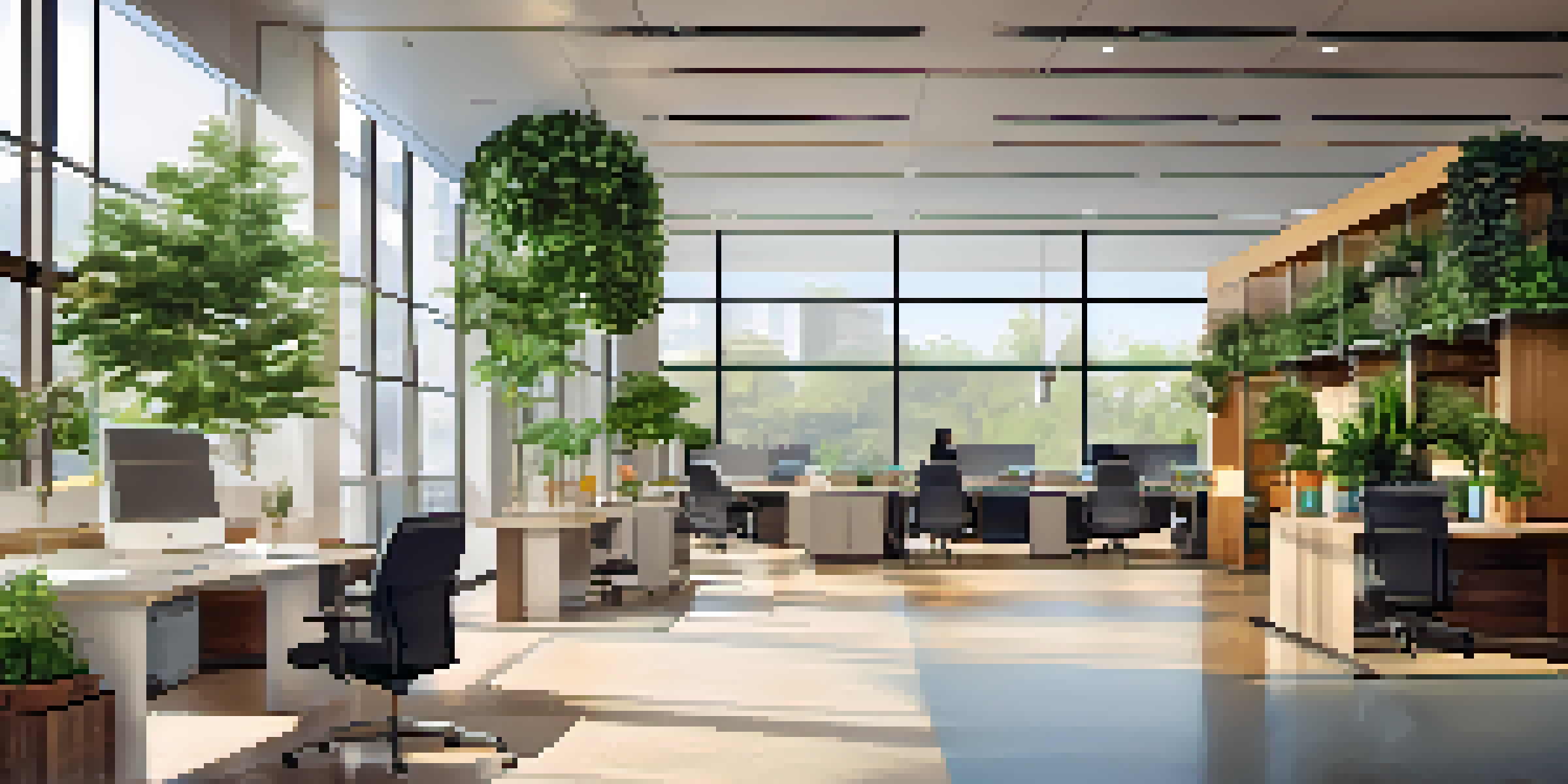 A bright office space with natural lighting, plants, and a security desk, designed for safety and collaboration.