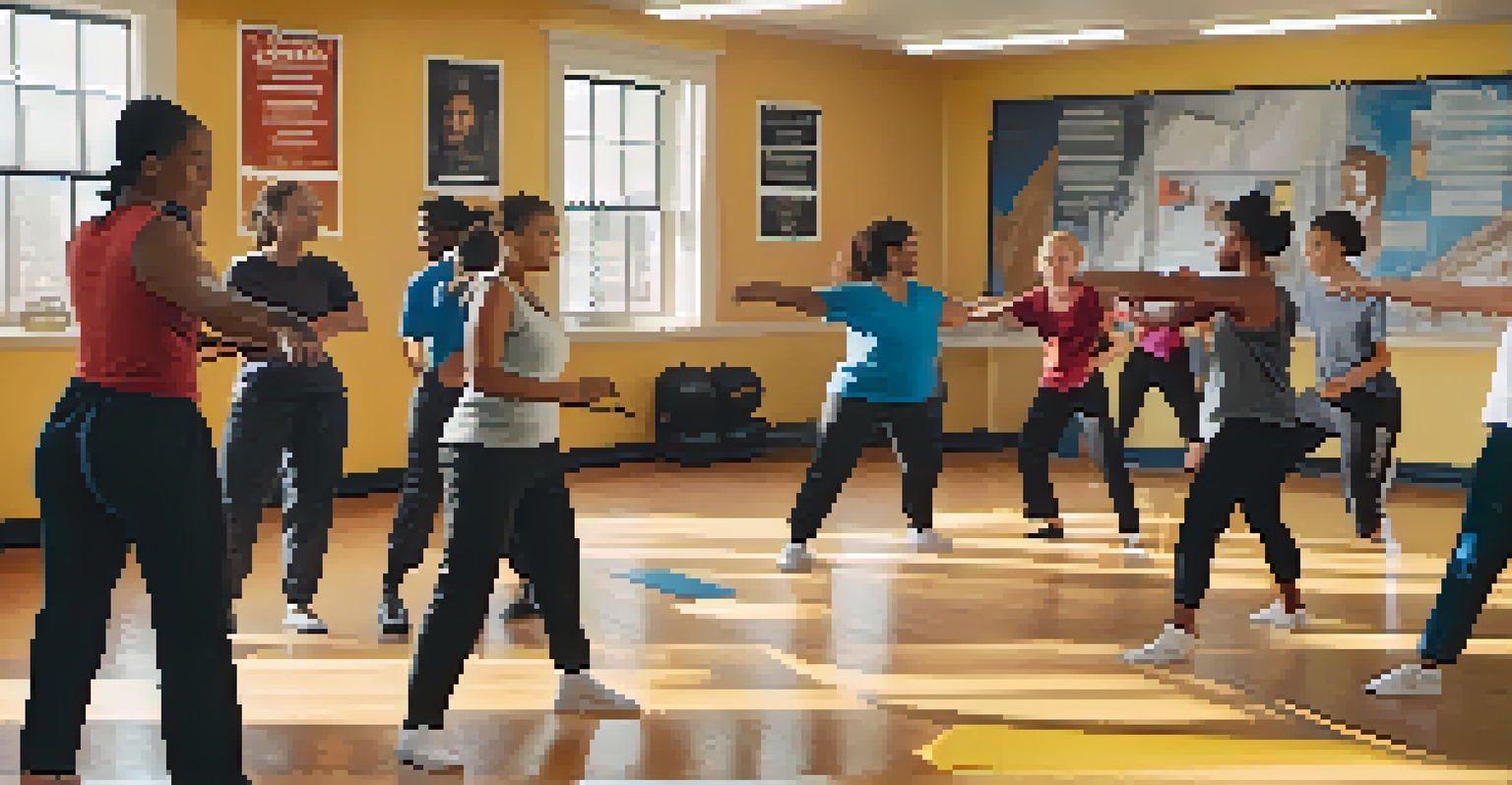 A diverse group of individuals engaged in a self-defense class, practicing techniques under the guidance of an instructor in a well-lit room.