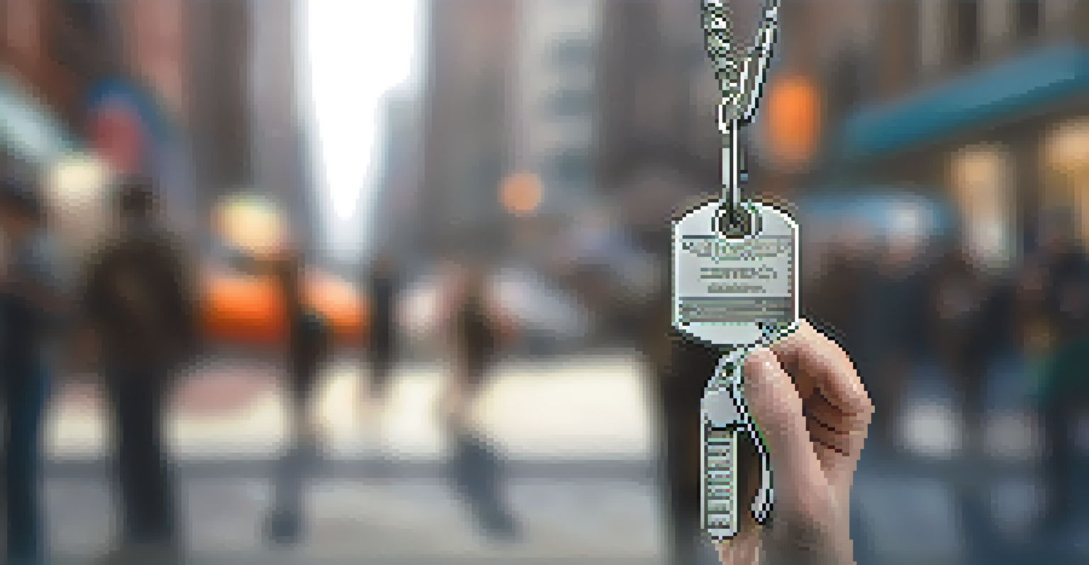 A close-up of a hand gripping a self-defense keychain tool with a busy urban environment blurred in the background.