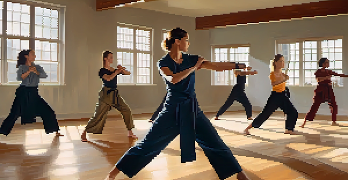 A group of diverse women practicing self-defense techniques in a bright studio, demonstrating empowerment and teamwork.