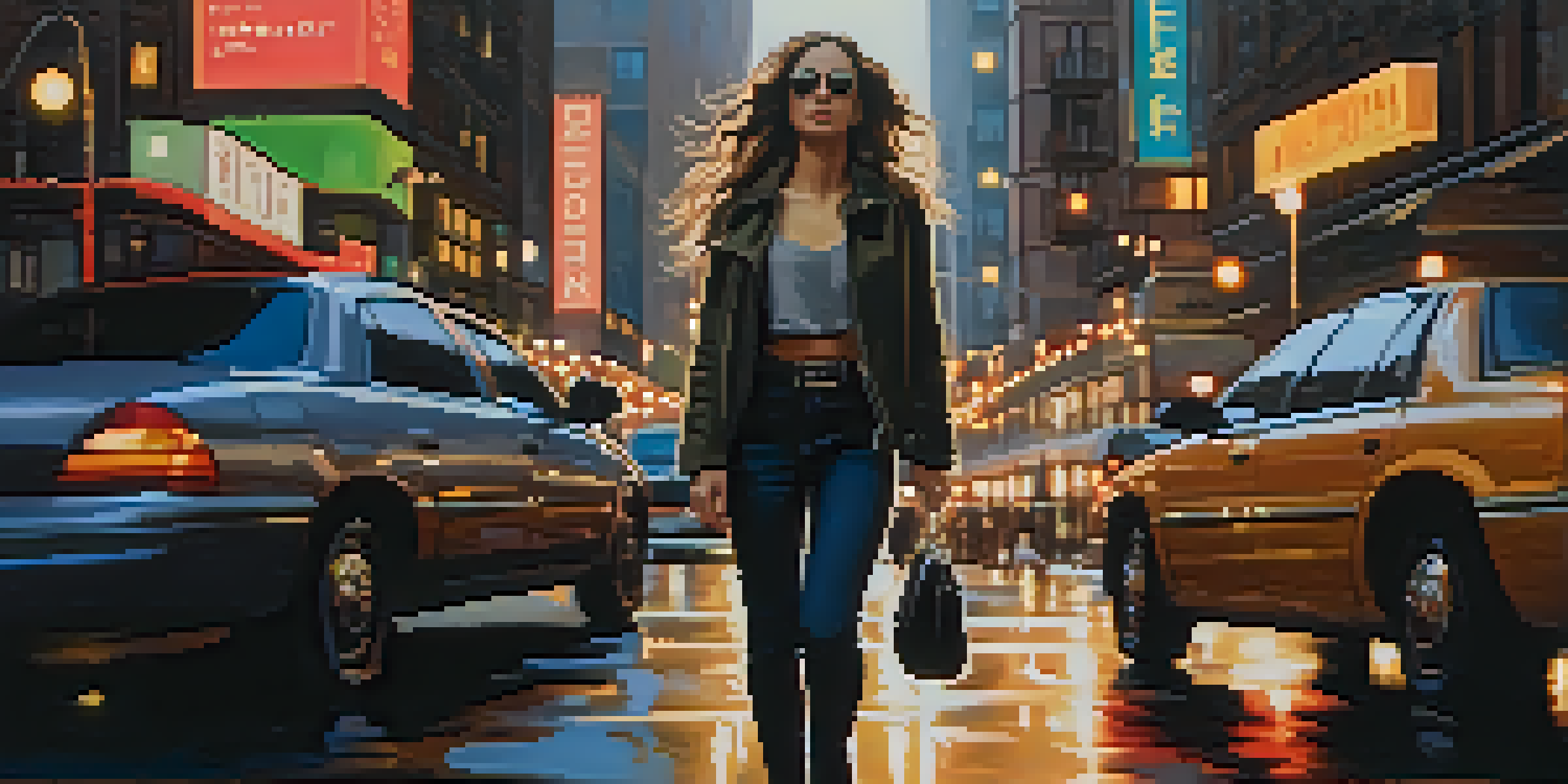 A confident woman walking in a lively city, showcasing her personal alarm attached to her keychain.