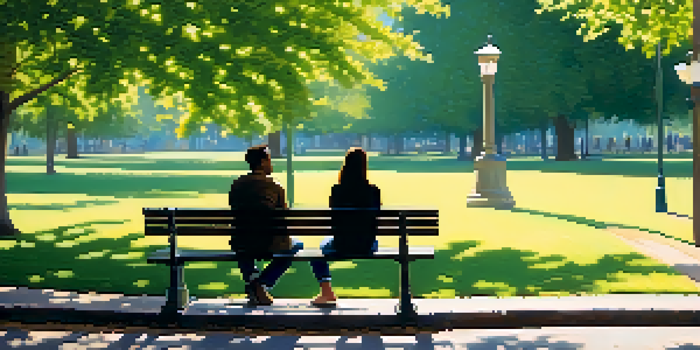A peaceful park with two people having a calm conversation, surrounded by greenery and sunlight.