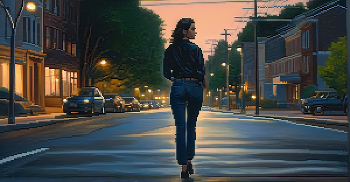 A confident woman walking on a dimly lit street at night, demonstrating a self-defense posture with streetlights illuminating her path.