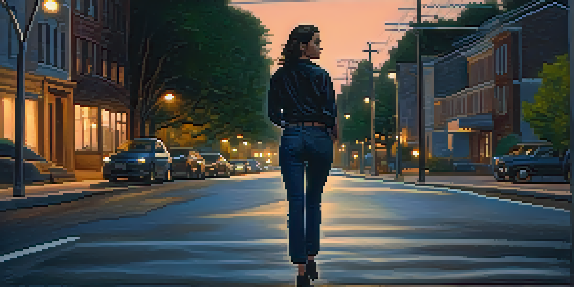 A confident woman walking on a dimly lit street at night, demonstrating a self-defense posture with streetlights illuminating her path.