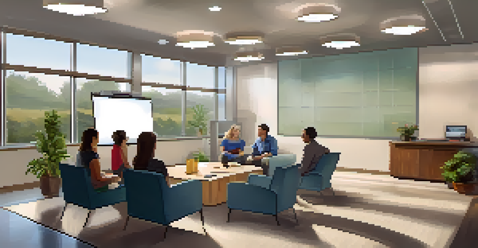 A cozy room with a communication board filled with visual aids, where a group is discussing and practicing communication techniques.