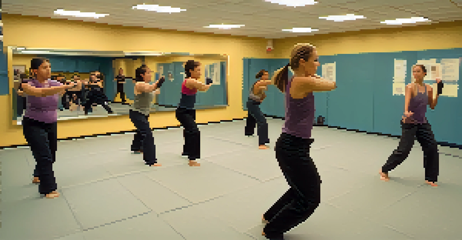 An indoor self-defense class with participants practicing blocking moves, led by a friendly instructor in a bright and spacious environment.